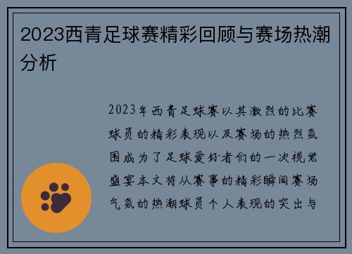 2023西青足球赛精彩回顾与赛场热潮分析