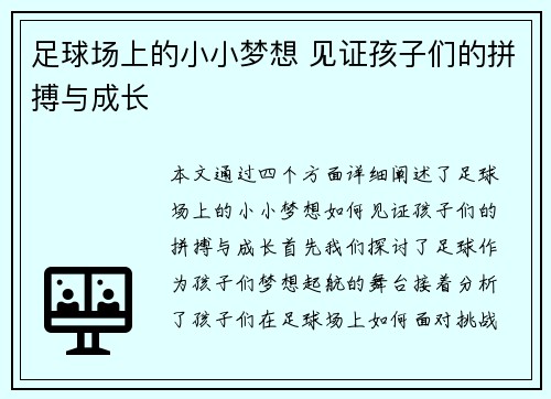 足球场上的小小梦想 见证孩子们的拼搏与成长