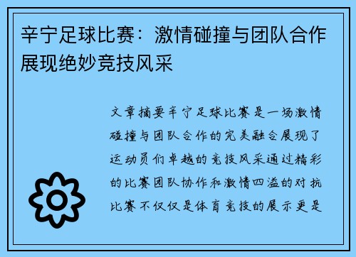 辛宁足球比赛：激情碰撞与团队合作展现绝妙竞技风采