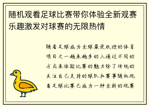 随机观看足球比赛带你体验全新观赛乐趣激发对球赛的无限热情
