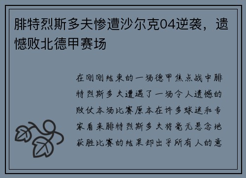 腓特烈斯多夫惨遭沙尔克04逆袭，遗憾败北德甲赛场