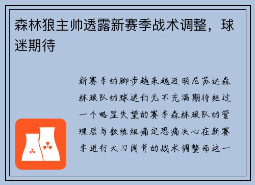 森林狼主帅透露新赛季战术调整，球迷期待