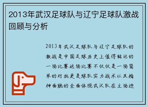 2013年武汉足球队与辽宁足球队激战回顾与分析