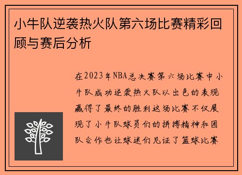 小牛队逆袭热火队第六场比赛精彩回顾与赛后分析