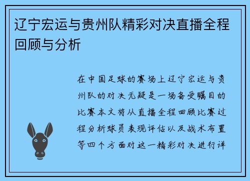 辽宁宏运与贵州队精彩对决直播全程回顾与分析