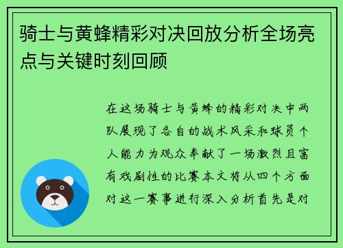 骑士与黄蜂精彩对决回放分析全场亮点与关键时刻回顾