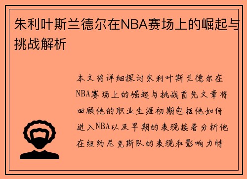 朱利叶斯兰德尔在NBA赛场上的崛起与挑战解析