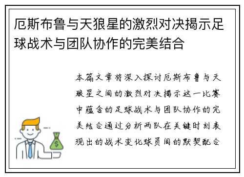 厄斯布鲁与天狼星的激烈对决揭示足球战术与团队协作的完美结合