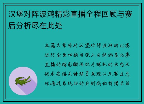 汉堡对阵波鸿精彩直播全程回顾与赛后分析尽在此处