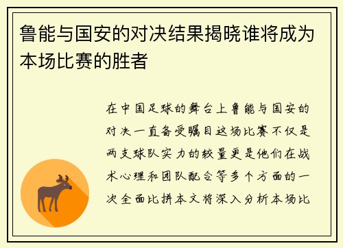 鲁能与国安的对决结果揭晓谁将成为本场比赛的胜者