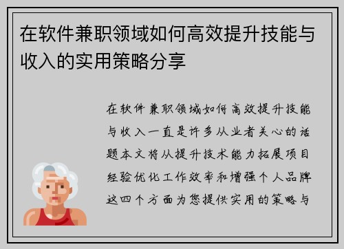 在软件兼职领域如何高效提升技能与收入的实用策略分享