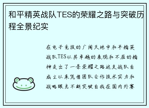 和平精英战队TES的荣耀之路与突破历程全景纪实