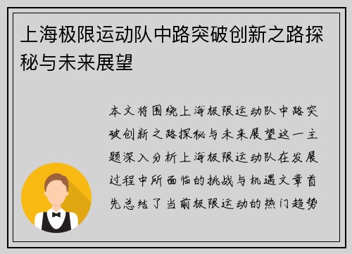 上海极限运动队中路突破创新之路探秘与未来展望