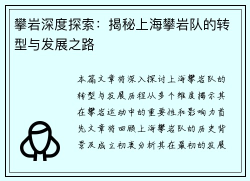 攀岩深度探索：揭秘上海攀岩队的转型与发展之路