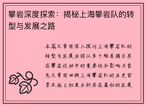 攀岩深度探索：揭秘上海攀岩队的转型与发展之路