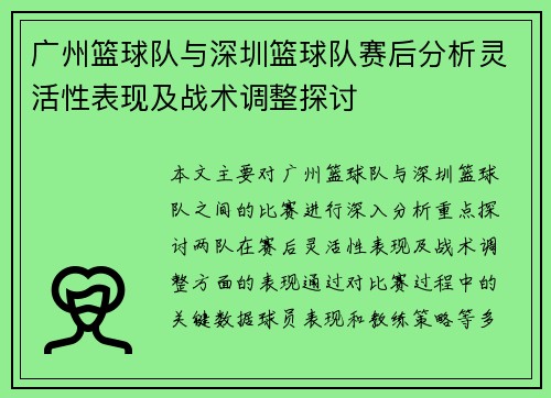 广州篮球队与深圳篮球队赛后分析灵活性表现及战术调整探讨