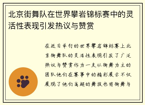 北京街舞队在世界攀岩锦标赛中的灵活性表现引发热议与赞赏