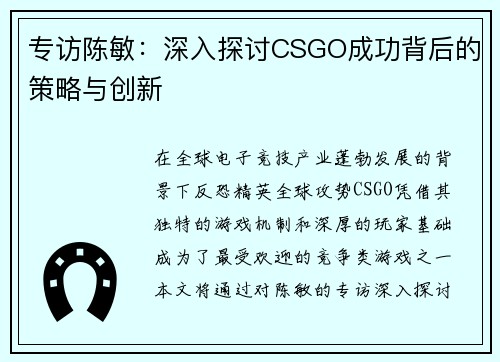 专访陈敏：深入探讨CSGO成功背后的策略与创新